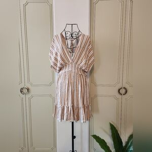 Blue Island Tan and White Striped Beach Cover-up Dress Size M Boho, Beachy